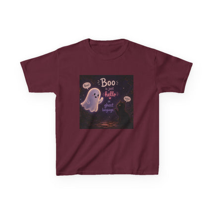 Kids Halloween Tee — "Boo: Hello Ghost Language" Cute Ghost Shirt