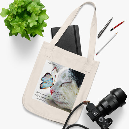 Life is Short Cat and Butterfly Organic Canvas Tote Bag