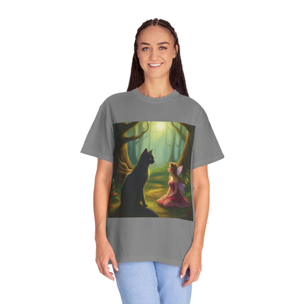 Fairy and Black Cat Forest T-Shirt — Enchanted Woodland Magic Tee
