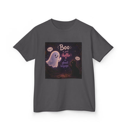Kids Halloween Tee — "Boo: Hello Ghost Language" Cute Ghost Shirt
