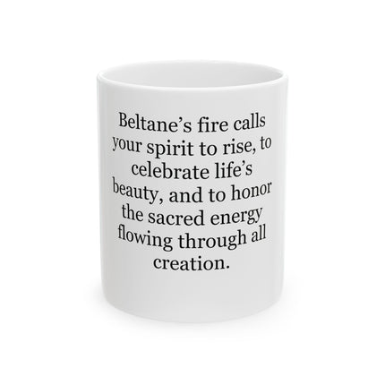 White ceramic mug with the Beltane blessing printed in minimalist black text on a white background