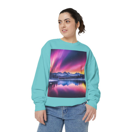 Aurora Lake Crewneck Sweatshirt — Colorful Northern Lights Landscape