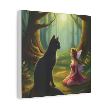 Fairy and Black Cat Canvas Wall Art — Magical Forest Matte Canvas Print
