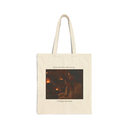 Cotton canvas tote with a moody bohemian illustration of a woman holding a ceremonial cacao cup
