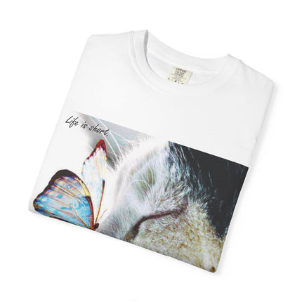 Inspirational Cat & Butterfly T-Shirt | Life is Short Quote