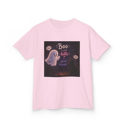 Kids Halloween Tee — "Boo: Hello Ghost Language" Cute Ghost Shirt