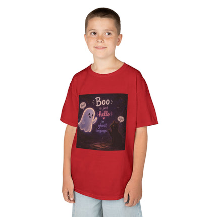 Kids Halloween Tee — "Boo: Hello Ghost Language" Cute Ghost Shirt