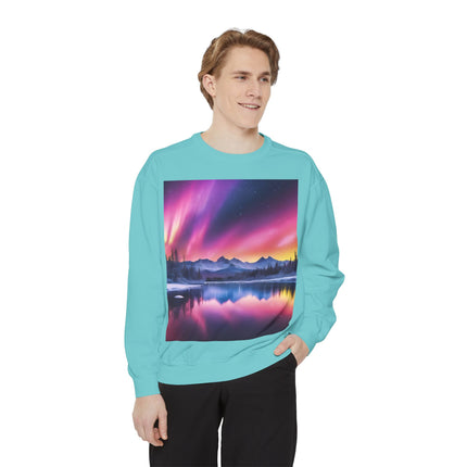 Aurora Lake Crewneck Sweatshirt — Colorful Northern Lights Landscape