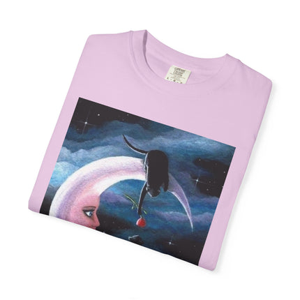 Moonlight Cats Graphic T‑Shirt — Romantic Crescent Moon Art Tee