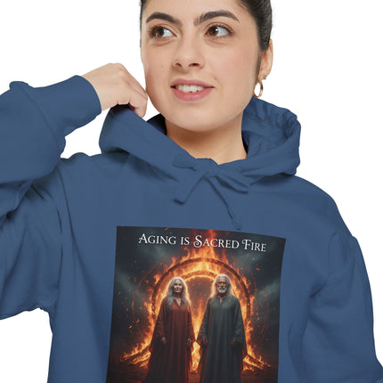 Hoodie - "Aging Is Sacred Fire" Fantasy Cloaked Figures Fire Portal Graphic Hoodie