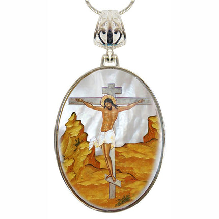 Crucifixion Silver Plated Mother of Pearl Jewelry Necklace - 43058-0