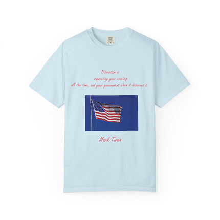 Patriotic Unisex Garment-Dyed T-Shirt with American Flag – Quote by Mark Twain
