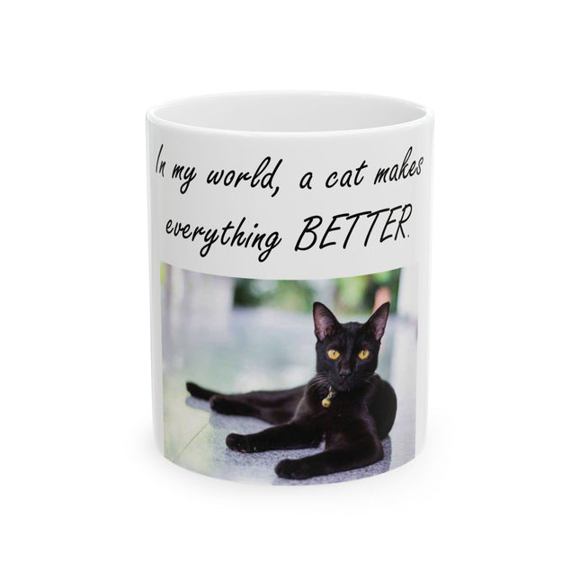 Cat Lover’s Ceramic Mug – “A Cat Makes Everything Better” – 11oz