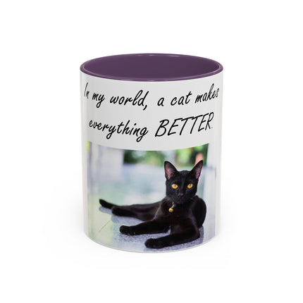Cat Lover’s Accent Mug – “A Cat Makes Everything Better” – 11oz