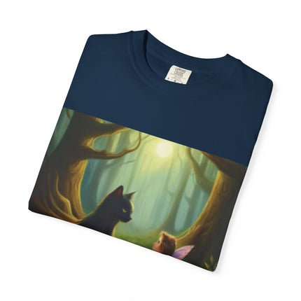 Fairy and Black Cat Forest T-Shirt — Enchanted Woodland Magic Tee