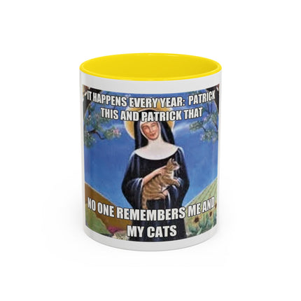 Saint with Cats Coffee Mug – "No One Remembers Me and My Cats" Accent Mug