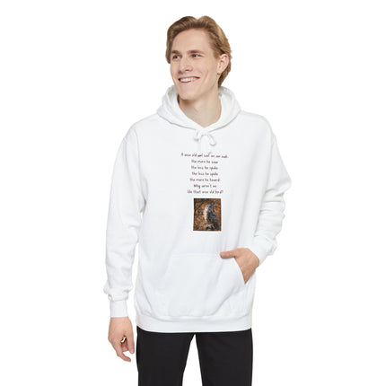 Poetic Owl Hoodie — White Sweatshirt with Verse and Owl Art