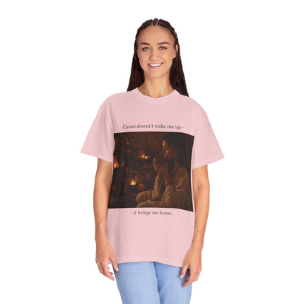 Cacao Doesn't Wake Me Up T-Shirt — Cozy Candlelit Illustration Tee