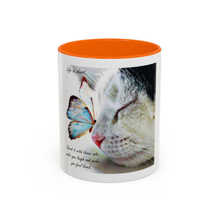 Cat & Butterfly Coffee Mug with 'Life is Short' Inspirational Quote (Accent, 11/15oz)