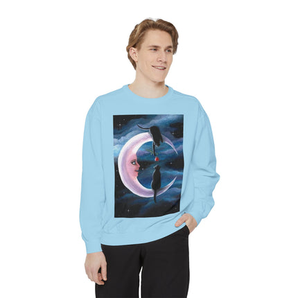 Moonlit Cats Sweatshirt —Whimsical Crescent Moon & Black Cat Graphic