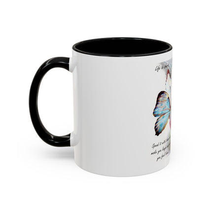 Cat & Butterfly Coffee Mug with 'Life is Short' Inspirational Quote (Accent, 11/15oz)