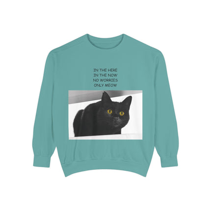 Cozy Cat Lover Sweatshirt - "In the Here, In the Now, No Worries, Only Meow"