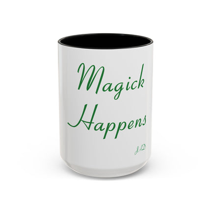 Magick Happens Coffee Mug — Witchy Green Script Accent Mug (11/15oz)
