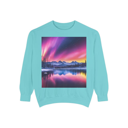 Aurora Lake Crewneck Sweatshirt — Colorful Northern Lights Landscape