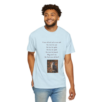 Poem & Owl Graphic T‑Shirt — 'A wise old owl...' Nature Poetry Tee