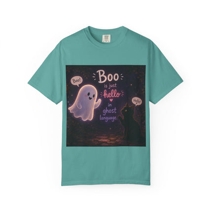 Halloween Ghost T-Shirt — “Boo is just hello in ghost language” Cute Spooky Tee