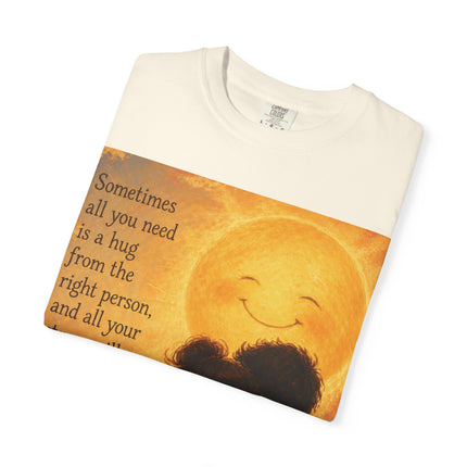 Hug Melt Away T-Shirt — Warm Sunset Illustration & Quote