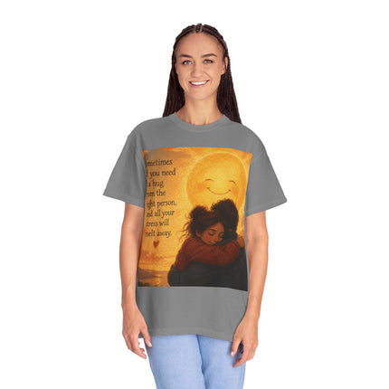 Hug Melt Away T-Shirt — Warm Sunset Illustration & Quote