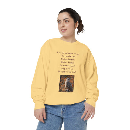Poetic Owl Sweatshirt — Illustrated Owl Art with Poem Crewneck