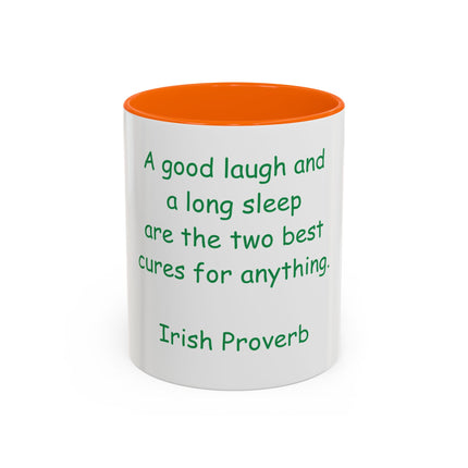 Irish Proverb Coffee Mug — "A good laugh and a long sleep" Accent Mug