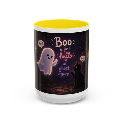 Halloween Ghost Coffee Mug — “Boo is just hello in ghost language” Accent Mug