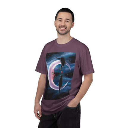 Moonlight Cats Graphic T‑Shirt — Romantic Crescent Moon Art Tee