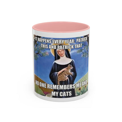Saint with Cats Coffee Mug – "No One Remembers Me and My Cats" Accent Mug