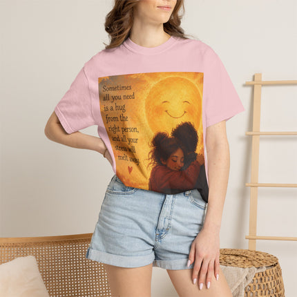 Hug Melt Away T-Shirt — Warm Sunset Illustration & Quote