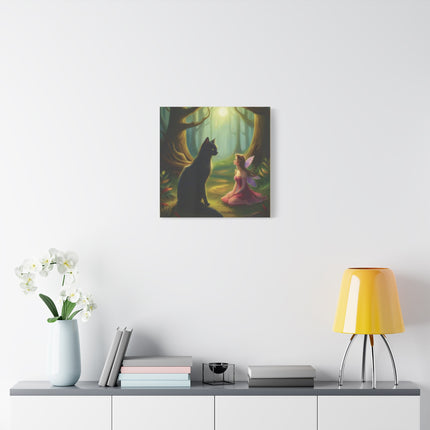 Fairy and Black Cat Canvas Wall Art — Magical Forest Matte Canvas Print