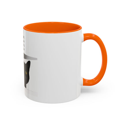 Black Cat Coffee Mug — “In the Here In the Now No Worries Only Meow” Accent Mug