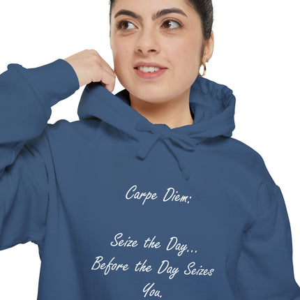 Hoodie — “Carpe Diem” Script Hoodie (Seize the Day Inspirational Pullover)