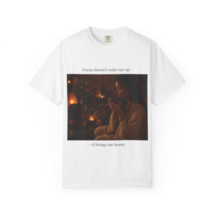Cacao Doesn't Wake Me Up T-Shirt — Cozy Candlelit Illustration Tee