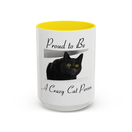 Proud to Be a Crazy Cat Person Accent Coffee Mug – Black Cat Lover Gift (11/15oz)