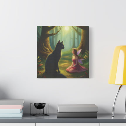 Fairy and Black Cat Canvas Wall Art — Magical Forest Matte Canvas Print