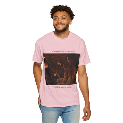 Cacao Doesn't Wake Me Up T-Shirt — Cozy Candlelit Illustration Tee