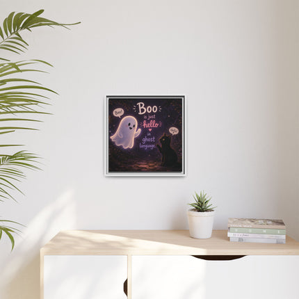 Framed Canvas Art - "Boo is Just Hello" Cute Ghost & Black Cat Halloween Print