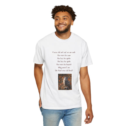 Poem & Owl Graphic T‑Shirt — 'A wise old owl...' Nature Poetry Tee