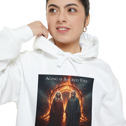 Hoodie - "Aging Is Sacred Fire" Fantasy Cloaked Figures Fire Portal Graphic Hoodie