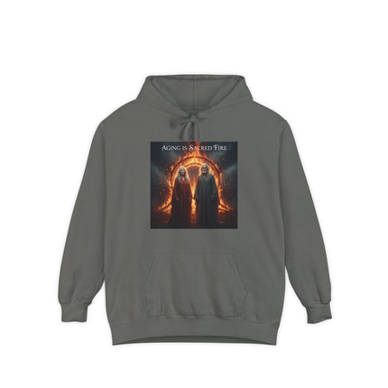 Hoodie - "Aging Is Sacred Fire" Fantasy Cloaked Figures Fire Portal Graphic Hoodie