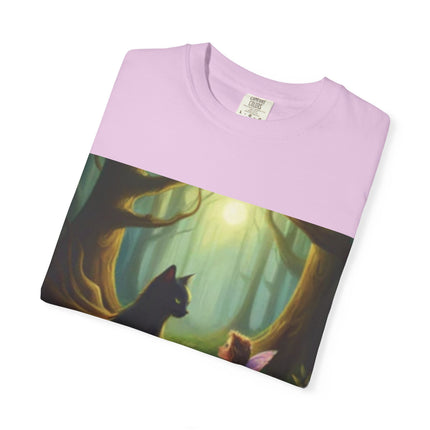 Fairy and Black Cat Forest T-Shirt — Enchanted Woodland Magic Tee